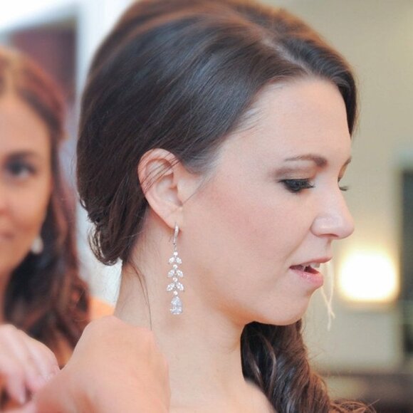 Elegant Linear Leaf Diamond CZ Dangle Earrings Long Silver Nadri Style - Picture 6 of 8